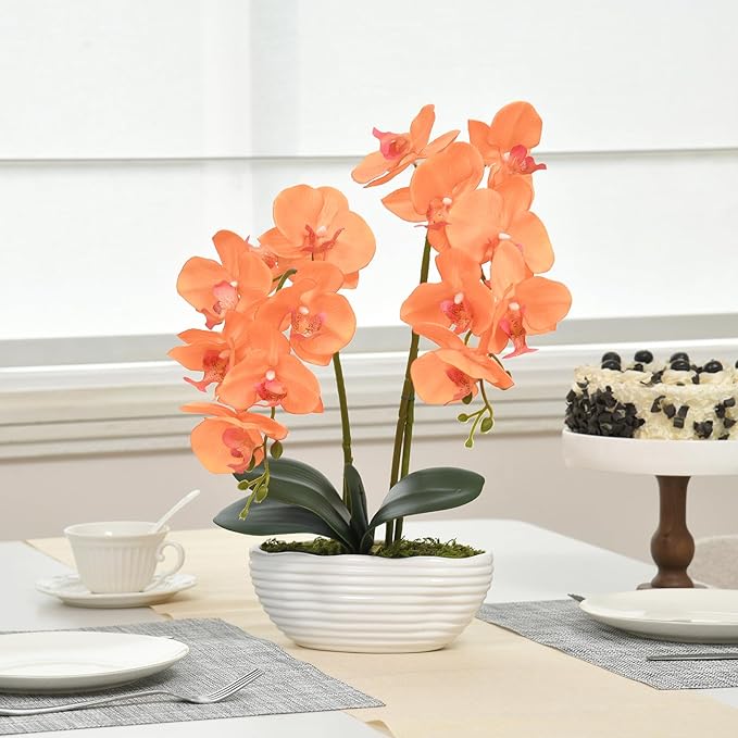 Large Artificial Potted Orchid Plant, Silk Flower Arrangement with Ceramics Vase, Orange