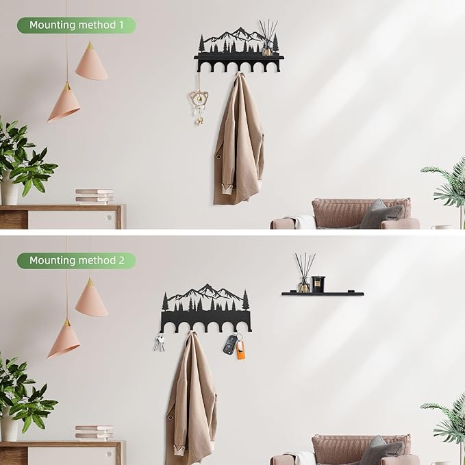 Wall Mounted Mountain Key & Mail Holder with Shelf | Metal Key Organizer with 2 in 1 Key Hooks for Entryway, Hallway, Office
