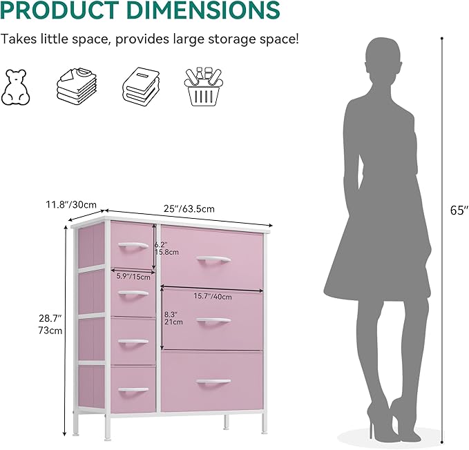 YITAHOME Pink Dresser for Bedroom, 7 Drawers Fabric Dresser, Organizer Unit for Living Room, Hallway, Closets - Sturdy Steel Frame, Wooden Top & Easy Pull Fabric Bins