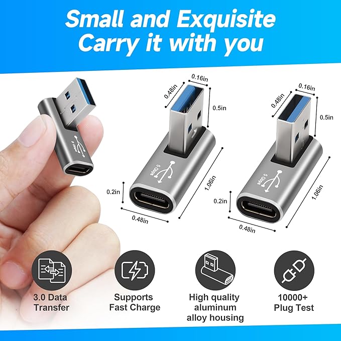90 Degree USB to USB C Adapter 4 Pack,Middle Left and Right Angle USB C Female to A Male Charger Connector Converter USB L Shape Extender, Support Charge & Data Sync for PC, Laptop, Mouse, Keyboard