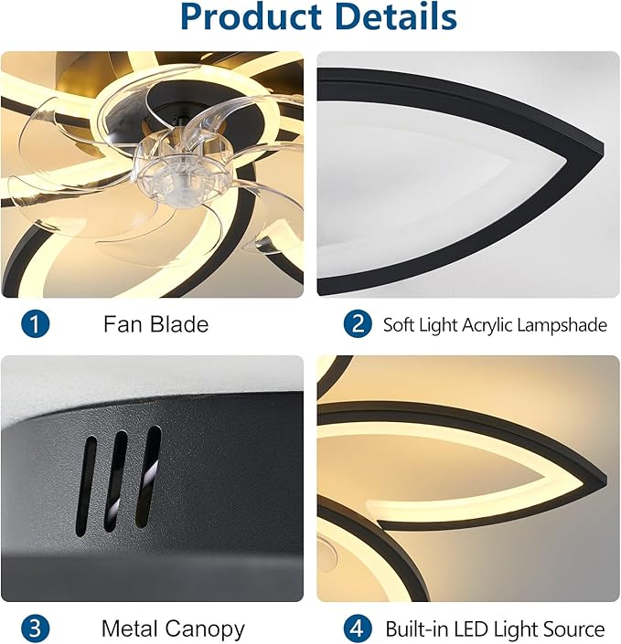 Ceiling Fan with Lights Remote Control, Black Flower Ceiling Fan with Light, 3 Light Color Modern Low Profile Flush Mount Ceiling Fan for Kitchen Bedroom Living Room
