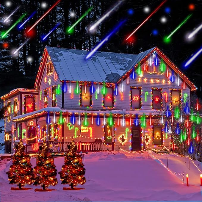 Kwaiffeo Icicle Christmas Lights Outdoor, Cascading Meteor Shower Lights for Xmas Tree Decor Wedding Party, Christmas Outdoor Decorations, 8-Tube, UL Plug Multi Colored