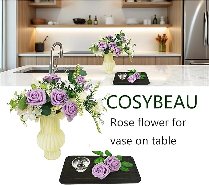 Artificial Rose Flowers 25pcs, Purple Foam Fake Rose Faux Flower for Wedding Bouquets Bridal Shower Centerpieces Floral Arrangements Home Decorations Party Backdrops Table