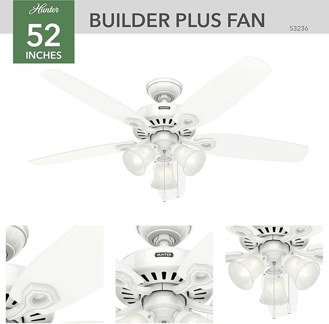 Hunter Fan Company 53236 Hunter Builder Plus Indoor Ceiling Fan with Lights and Remote Control, 52", Snow White Finish