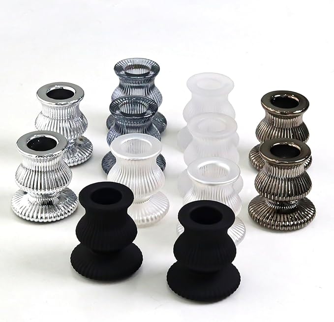 WDHODEC Black White Candlestick Holders 12PCS Glass Taper Candle Holders for Table Centerpiece Colorful Candle Sticks for Wedding, Party and Festival Decoration