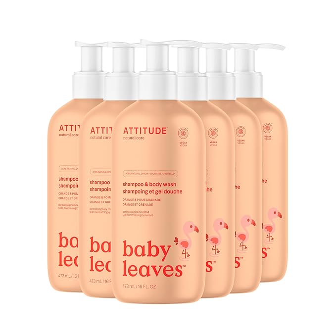 ATTITUDE 2-in-1 Shampoo and Body Wash for Baby, EWG Verified, Dermatologically Tested, Vegan, Orange and Pomegranate, 16 Fl Oz (Pack of 6)