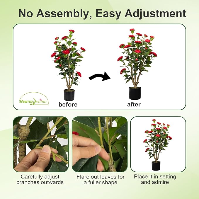 36” Artificial Camellia Tree 2 Packs, Faux Camellia Plant in Pot with Red Flowers, Greenery Camellia Tree for Spring Home Front Door Outdoor Indoor Decoration, Red
