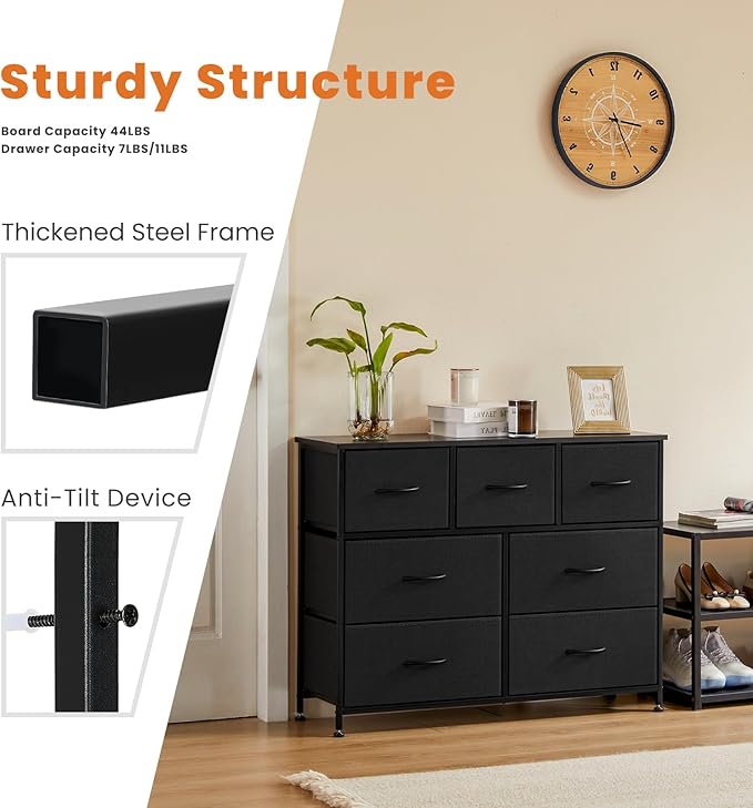 Sweetcrispy Dresser for Bedroom TV Stand Fabric Dresser with 7 Drawers, Dresser Chest of Drawers Organizer Wood Tabletop, Dresser for Closet, Living Room, Entryway, Black