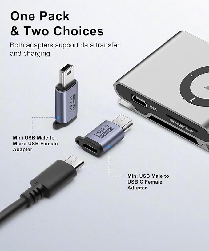 USB-C/Micro USB to Mini-USB Adapter (2-Pack), Data Transfer and Interface Conversion, Charging - Grey