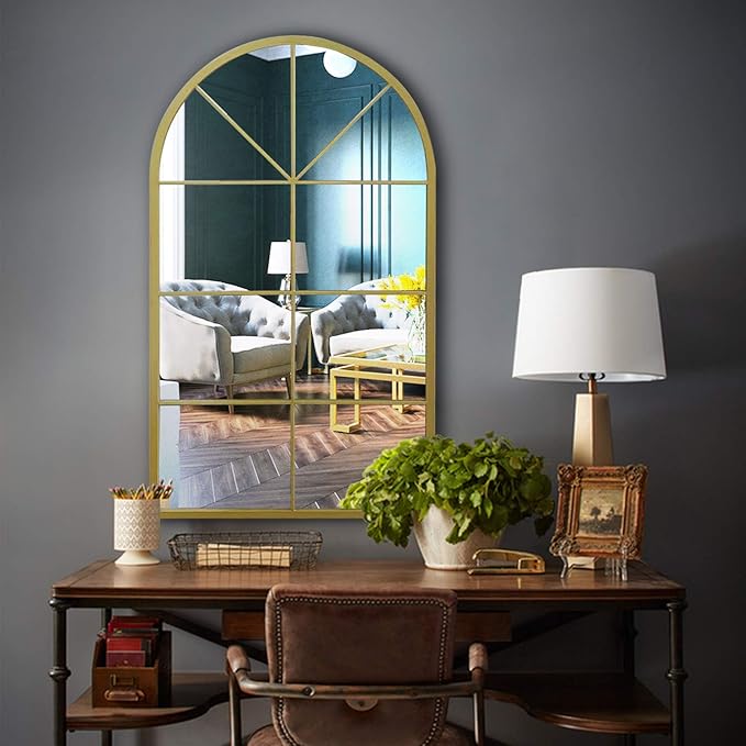 ironsmithn Large Arched Grid Mirror, Gold Windowpane Mirror, 43.3"x25.5" Window Finished Metal Mirrors for Decor Living Room Fireplace Entryway Bedroom Hallway