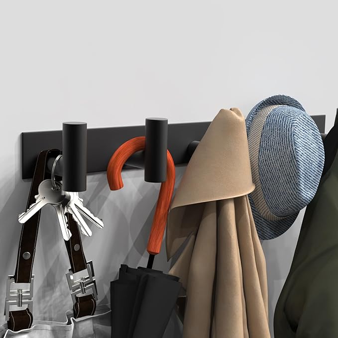 VAEHOLD Black Hat and Coat Wall Mount Rack 5 Hooks for Robes, Bags, Keys, and Towels Bathroom Towel Hanger Organizer (2 Pack)
