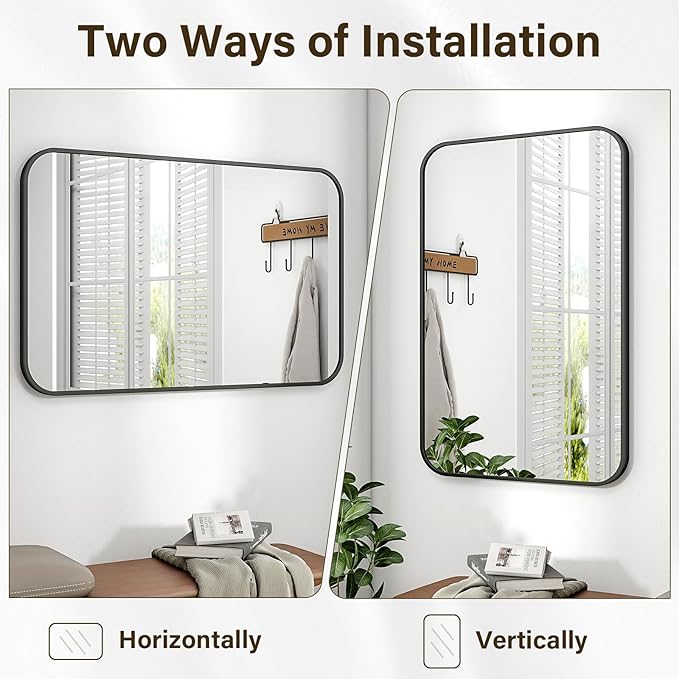HARRITPURE Rectangular Bathroom Mirror 38''x26'' Black Bathroom Wall Mirror Aluminum Frame Wall-Mounted Mirrors for Entryway Bedroom Living Room