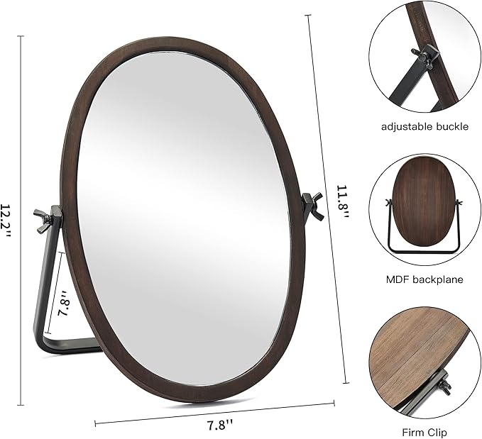 Generic Vanity Table Makeup Mirror-Desk Small Standing Vintage Mirrors 360° Adjustable Rotation, Bronze Wood Framed for Dressing Table,Bedroom, Bathroom,Tabletop,Antique,Desktop 11.8'' x 7.8''