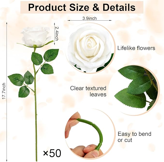 Ouddy Decor 50 Pcs Artificial White Roses Bulk Realistic Silk Roses with Long Stems Fake Roses Flowers for Wedding Bridal Bouquet DIY Table Centerpieces Arrangement Valentines Day Home Decor, White