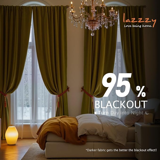 Lazzzy Velvet Blackout Curtains Thermal Insulated Room Window Drapes Super Soft Luxury Curtains for Living Room Bedroom Rod Pocket 2 Panels, Golden Olive, 52" W x 90" L