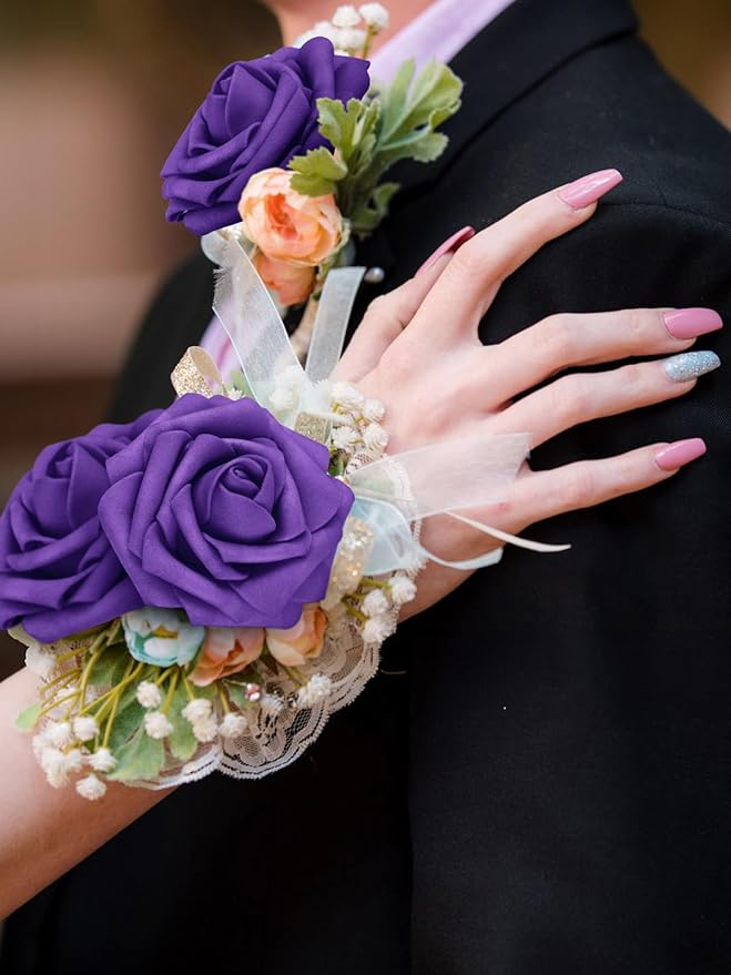 MACTING Purple Artificial Flowers 30PCS Fake Roses with Stem Real Soft Touch Foam Roses DIY Wedding Bouquet Table Centerpieces Party Bridal Shower Home Halloween Decorations