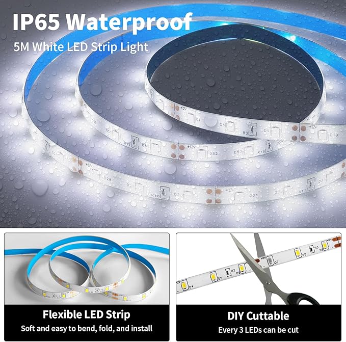 iNextStation 12V LED Light Strip White, 16.4ft/5m LED Strip 6000K IP65 Waterproof Cuttable SMD2835 300LEDs Tape Flexible Led Lights for Bedroom Cabinet Kitchen Decor (Power Adapter not Included)