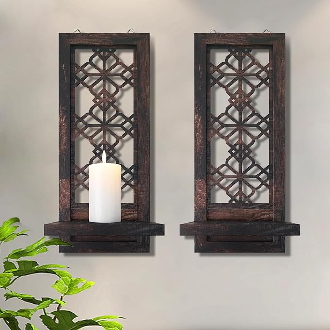 Set of 2 Candle Sconces, Farmhouse Accent Wall Sconce, Caramel Color Candle Holder Wall Decorations for Home Décor, Living Room, Dining Room.(15 x6 in)