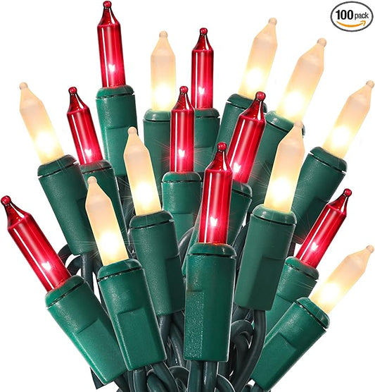 ODEETRONIC Red & White Christmas Lights, 21.63ft 100 Count Incandescent Green Wire Christmas String Lights, Connectable UL Certified Xmas Fairy Tree Light, Outdoor/Indoor Mini Light for Wedding Party