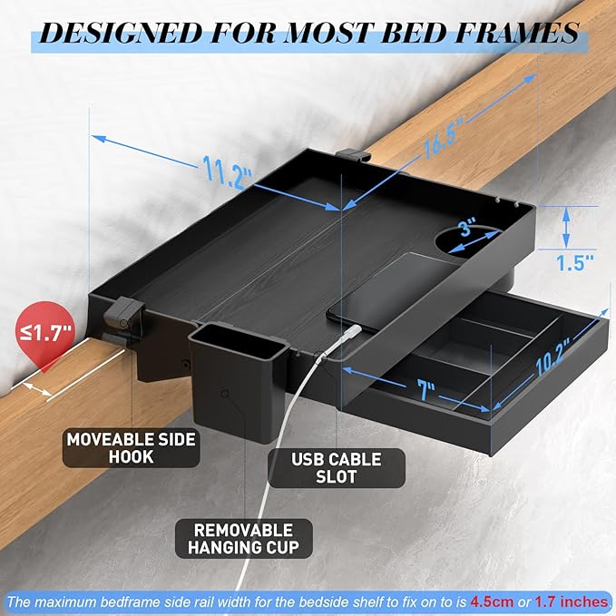 Ronlap Folding Bedside Shelf Bunk Bed Shelf Organizer for Top Bunk Clip On Bed Side Shelf Tray for College Dorm Lofted Bed Plastic Bedside Nightstand with Cup Holder, Plus Size with Drawer, Black