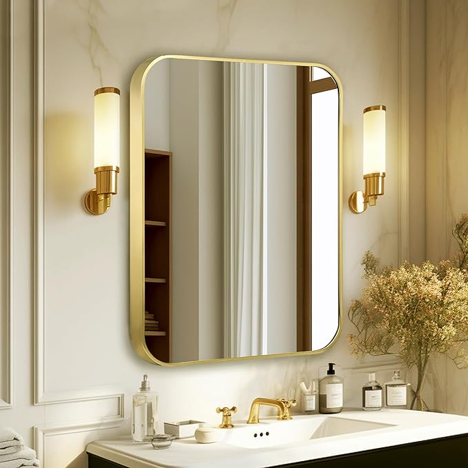 French Gold Mirror for Wall Decor, 30x36 Inch Brushed Brass Metal Framed Rectangle Wall Mirror for Bathroom Vanity, Living Room, Bedroom, Farmhouse, Hangs Vertically or Horizontally