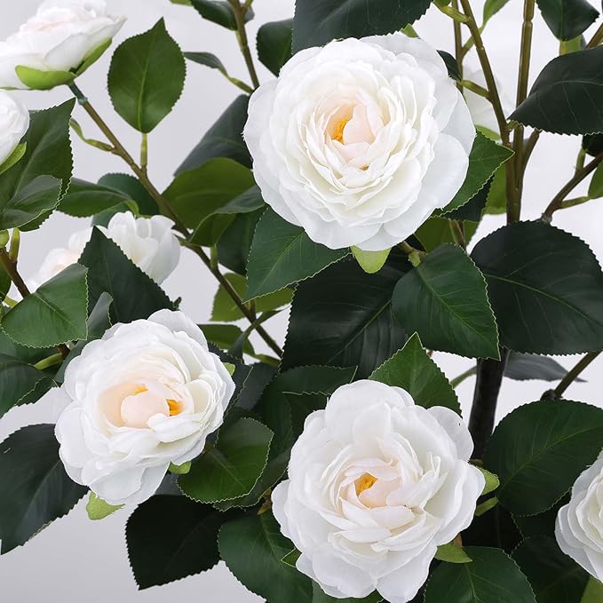 Hananona 2 Pcs Artificial Camellia Trees Faux Camellia Plant in Pot with Flowers Indoor Plants for Spring Home Decor Outdoor Porch Front Door Decor (White, M)