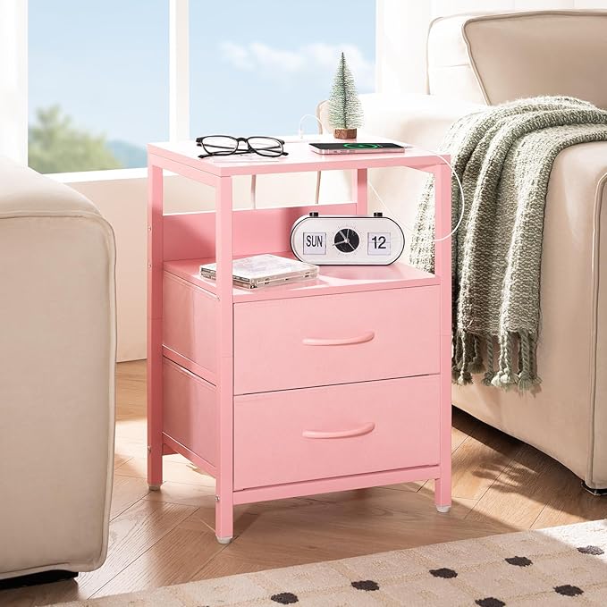 Yoobure Nightstand with Charging Station, Small Night Stand with Fabric Drawers and Storage Shelf for Bedrooms, Nightstands for Small Spaces, Bedside Table with USB Ports & Outlets Bed Side Table