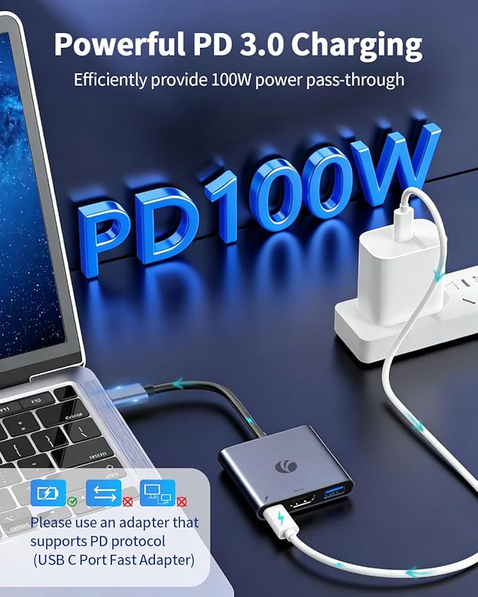 VCOM USB-C to HDMI Adapter, 3-in-1 4K@60Hz HDMI Adapter with 100W PD Charging & 5Gbps USB 3.0 Port, USB Hub Multiport for MacBook, iPad, iPhone 16 Pro Samsung S24/23, Chromebook (Grey（3-in-1)