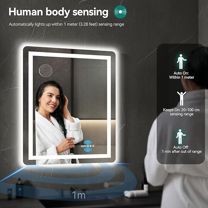 YITAHOME 48 x 32 Inches LED Bathroom Mirror, Front Light and Backlit, Motion Sensor, 10X Magnifying Glass, 3 Colors Dimmable, 5mm Tempered Glass, Anti-Fog, Wall Mounted Mirror-Horizontally Only