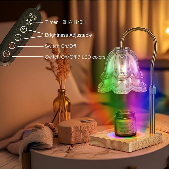 Candle Warmer Lamp with Timer: 7 Colors LED Changing Flower Candle Warmers with 2 Blubs Dimmable Wax Melt Home Decor Birthday Mom Birthday Gift for Women