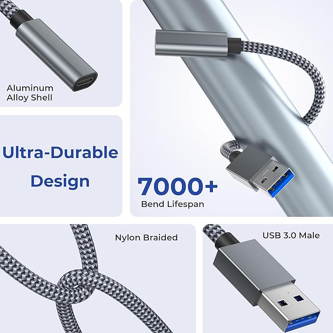 Basesailor USB 3.0 to USB C Adapter 3.3FT 2Pack,USBC Female to A Male Cable,5Gbps 3.1 Type C Charger Connector for Apple iPhone 17 17e 16 16e 15 Pro Max,iPad Air Mini 7,Samsung S26 S25 S24,Z Fold Flip