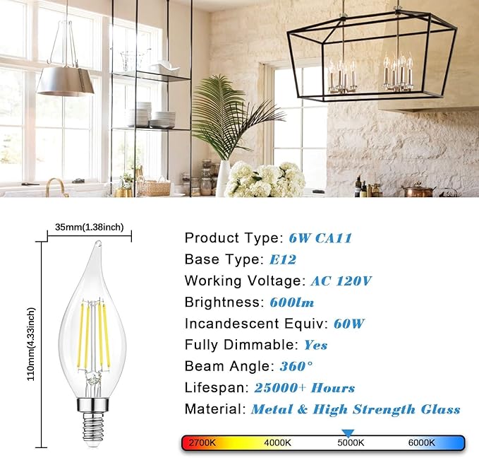 TOBUSA Dimmable E12 Candelabra LED Bulbs 60 Watt Incandescent Equivalent, 5000K Daylight White, Clear LED Chandelier Light Bulbs 6W, 600lm, CA11 Vintage Ceiling Fan Light Bulbs with Flame Tip, 6-Pack