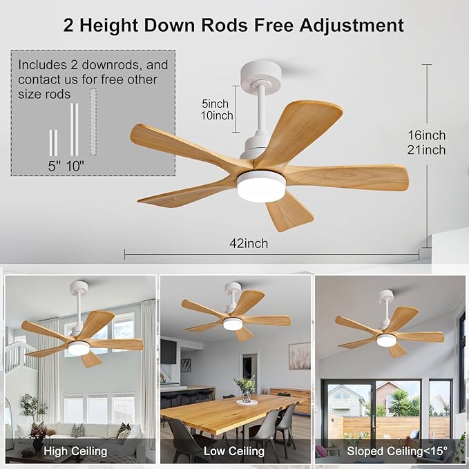 BOJUE 42 Inch Outdoor Ceiling Fans with Lights and Remote Control, Dimmable 5 Blade Wood Outdoor Ceiling Fans for Patios, White Natural Wood Bedroom Ceiling Fan with Lights, Noiseless DC Motor