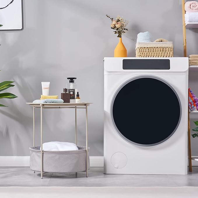 VECELO Round Side/End Table with Fabric Storage Basket，Metal Anti-Rust and Waterproof Small Bedside Nightstand with Removable Tray Top for Living Room，Balcony & Laundry，Grey /2pcs with Basket