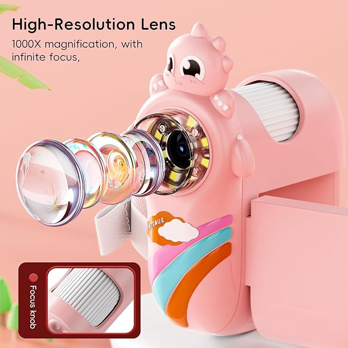 Kids 1000X Handheld Portable Microscope With 8 Adjustable LED Lights, 2-Inch LCD Screen Pocket Mini Telescope for Kids Toddlers - Education Christmas Birthday Gifts Toys