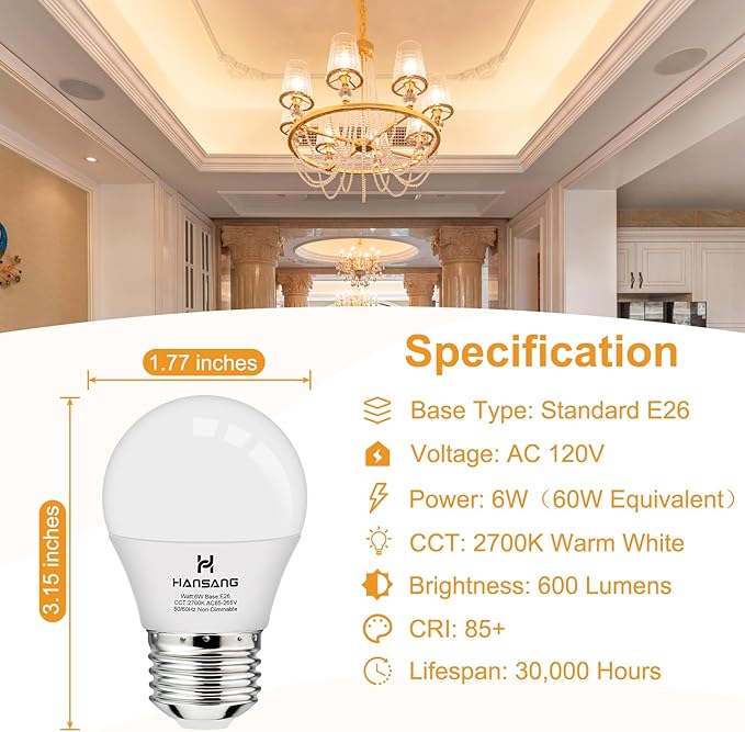 hansang E26 Appliance Light Bulb, 2700K Warm White, 60 Watt Equivalent Small Light Bulb, E26 LED Bulb for Ceiling Fan, A15 Light Bulb, 600lm 120V, CRI85+, Eye Protection, 120V, Non-Dimmable 6 Pack