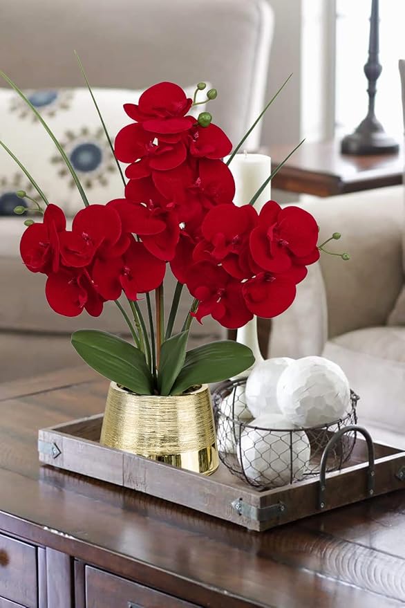 Artificial Red Phalaenopsis Orchid Flower Arrangements Faux Orchid Flower in Gold Pot Orchids Centerpiece for Dining Room Table