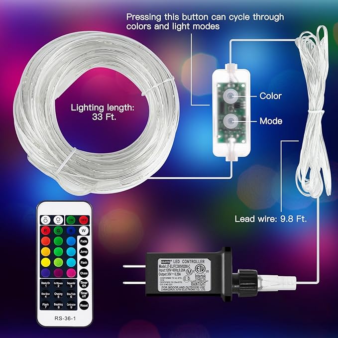 Minetom Color Changing Rope Lights Outdoor, 33FT 100 LED String Lights with Plug & Remote, Waterproof Christmas Light Outdoor Decoration, Twinkle Rope Light for Outside Indoor Bedroom,16 Colors
