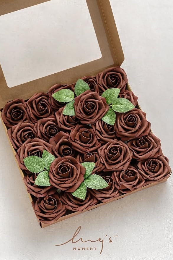 Ling's moment Artificial Flowers 25Pcs Walnut Brown Roses Decor w/Stems,3" Real Touch DIY Foam Floral for Wedding Bouquet/Centerpieces, Outdoors Party Backdrop, Room/Table, and Garden/Pot Decorations