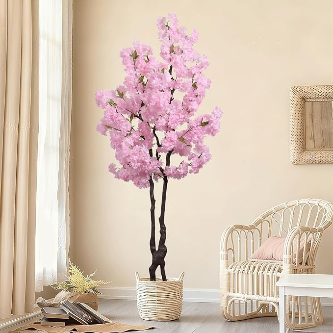 Artificial Pink Cherry Blossom Tree 6ft(72in) Tall Faux Plant Indoor Decor Handmade Japanese Sakura Tree for Wedding Realistic Cherry Plant in Pot for Home Living Room,Office,Outdoor Decor.