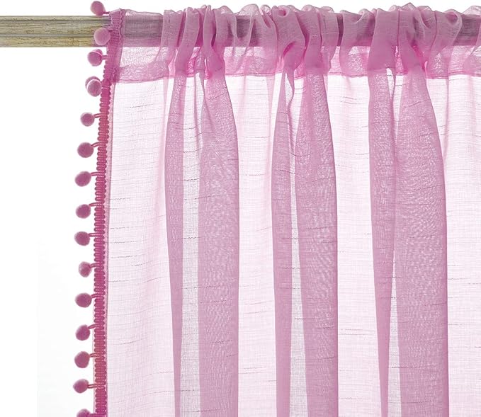 Treatmentex Pom-Pom Sheer Curtains for Bedroom 84 inches Linen Textured Look Pink Sheer Window Draperies for Girl's Room, 52" w x 2 Panels, Red, Rod Pocket