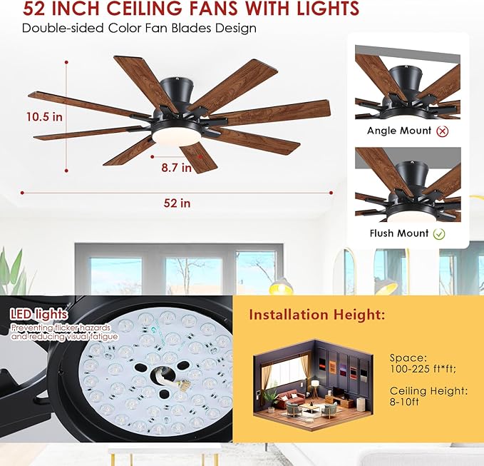 Ceiling Fans with Lights- 52" Low Profile Indoor Ceiling Fan with Light and Remote/APP Control, 8 Blade,Flush Mount, LED Dimmable DC Reversible Modern Ceiling Fan for Bedroom（Brown）