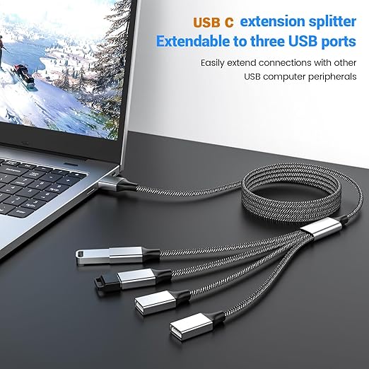 Fidioto USB C to Triple USB Cable Splitter 3.3Ft,USB C Male to 4 USB Female Cable Adapter, Type C, Y Charging Cable,Multiple Hub for Laptop,Tablet, Telephone,Flash Disk Drive, Gaming Consoles