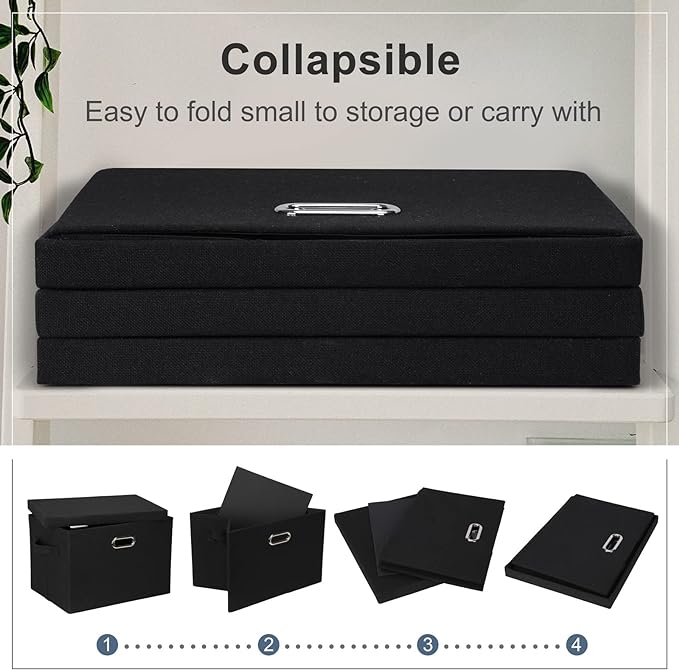 Large 17" 36 Quart Collapsible Stackable Storage Bins with Lids, 3 Packs Black Linen Fabric Closet Boxes with Lids, Storage Cube Baskets Container Organizers for Bedroom Office(17 x12 x11)