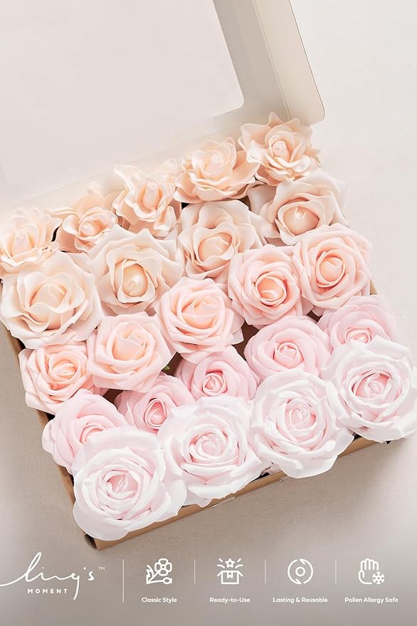 Ling's Moment Artificial Flowers Fake Silk Roses Faux Foam Gardenia Combo for DIY Wedding Bouquets Centerpieces Arrangements Bridal Shower Party Home Decorations, Pale Pink, 23pcs