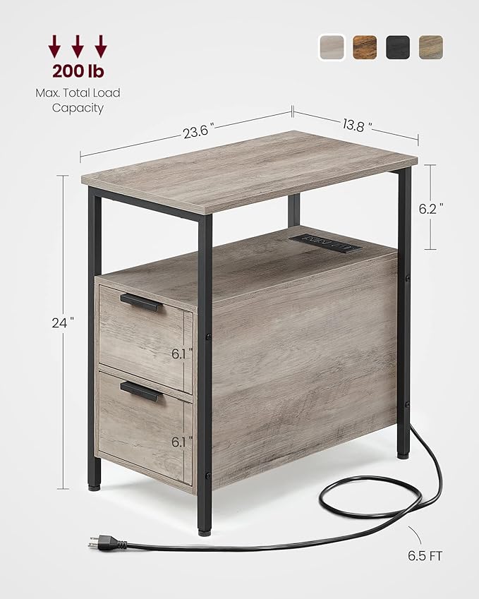 VASAGLE Side End Table with Charging Station, Slim Nightstand with 2 Drawers, Narrow Bedside Table for Living Room, Small Spaces, Heather Greige and Ink Black ULET321B02