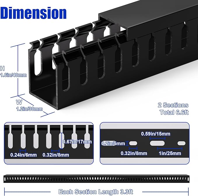 ZhiYo H1.6 x W1.2in Cable Raceway, 6.6ft (2xL3.3ft) Server Rack Cable Management Under Desk Cord Organizer, Electrical Safe PVC Cable Channel Open Slot Wire Raceway for Network/PC/TVs, Wire Duct Black