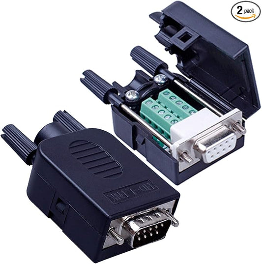 2PCS DB9 Solderless RS232 D-SUB Serial to 9-pin Port Terminal Male Adapter Connector Breakout Board with Case Long Bolts Tail Pipe (Male+Female)