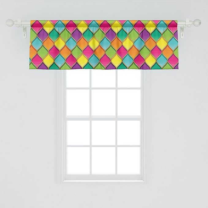 Ambesonne Geometric Window Valance Pack of 2, Vivid Colored Stained Glass Style Pattern Wavy Lines Curves Oval Shapes Modern, Rod Pocket Curtain Valances for Kitchen Bedroom, 54" X 18", Multicolor