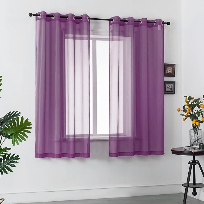 DUALIFE 54 Inch Length Purple Sheer Curtains for Girls Bedroom Set of 2 Panels Grommet Window Semi Voile Drapes Purple Sheer Curtains for Living Room Kids Decor Dark Royal Purple 52x45 Long